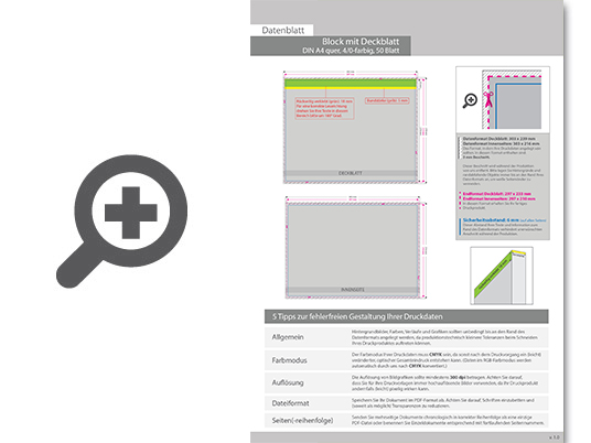 Product Bild block_mit_leimbindung_und_deckblatt__din_a4_quer__50_blatt__4_0_farbig_einseitig_bedruckt